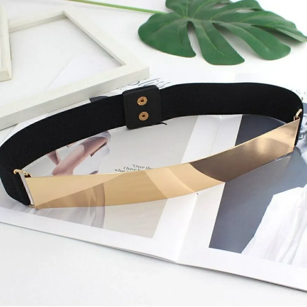 Mirror Gold Silver Tone Metal Plate Elastic Waist Stretchy Dress Belt NEW